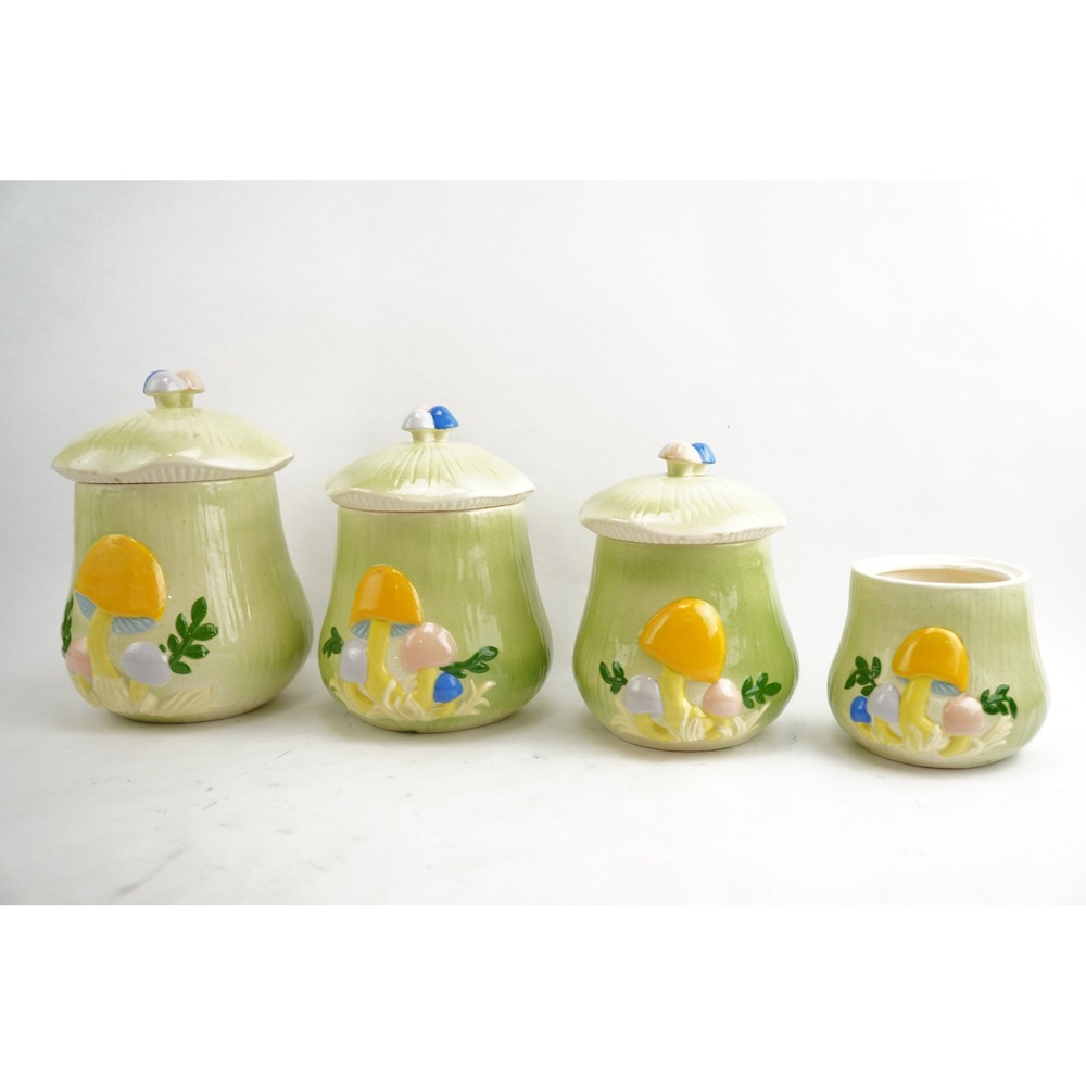 Arnels Canister Set Green‎ Mushroom Vintage 1970s Ceramic Kitchen Jars Good
